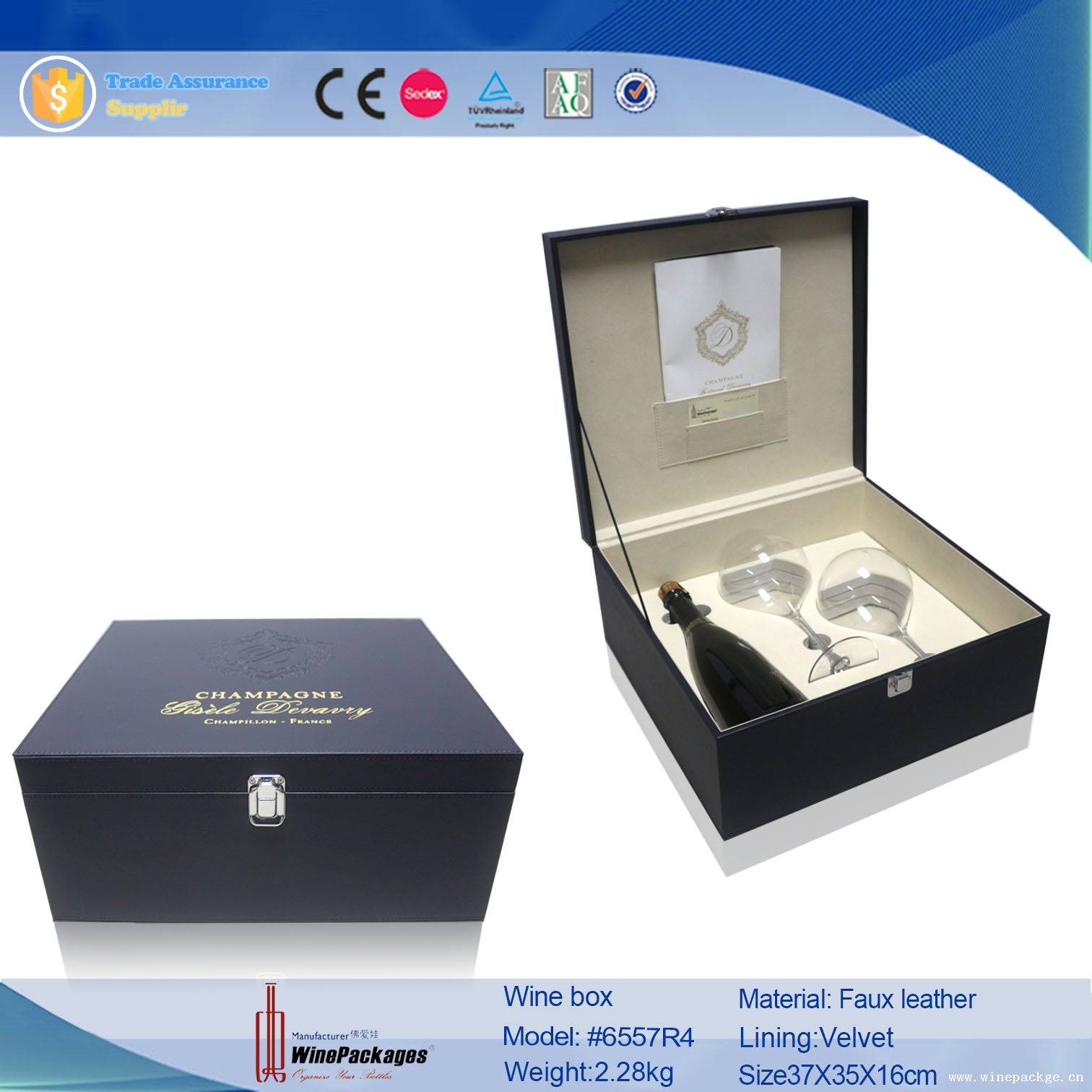 mdf board wood wine fancy glass packaging box with transparent cover lid