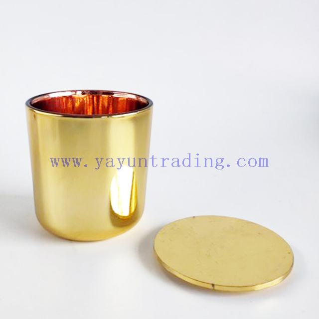 Yayun new design 8oz gold copper mercury glass candle jar with simple box and metal lid