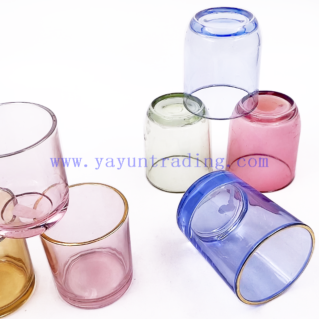 6oz 8oz Shiny Custom Colored Glass Jar Holders Gold Silver Rim Luxury Candle Container with Wooden Lids