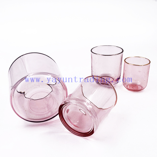 Luxury Shiny Votive Holder Custom Painted Vogue Empty Pink Glass Candle Jars with Gold Rim