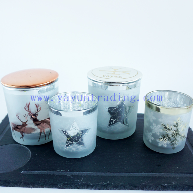 wholesale frosted laser cutting design silver mercury glass candle holders with decor lids