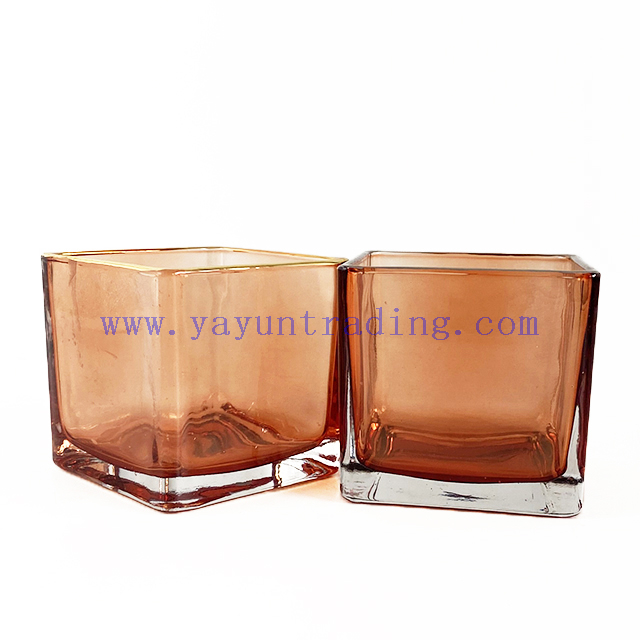 300ml 10oz Custom Amber Square Glass Candle Holders With Gold Rim for Candle Making
