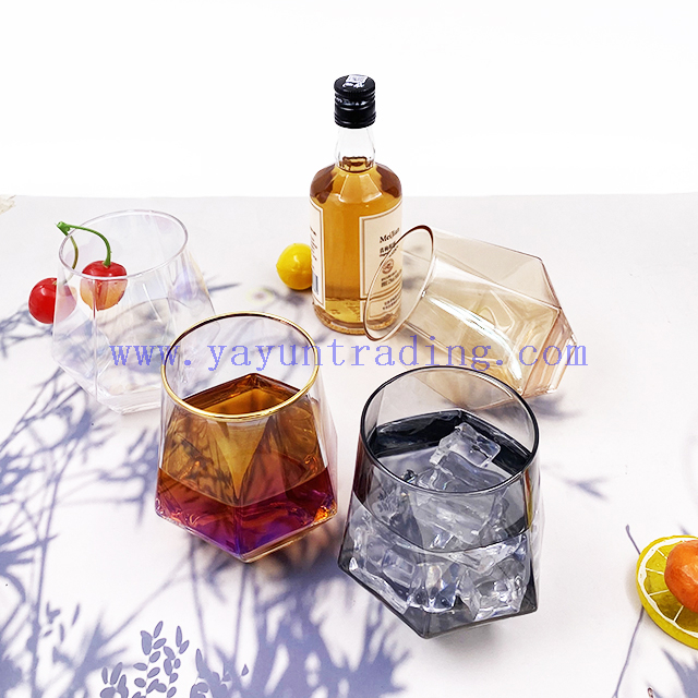 10oz Customized Clear Diamond Shaped Wine Whiskey Glass Gold Rim Geometric Water Drinking Glasses