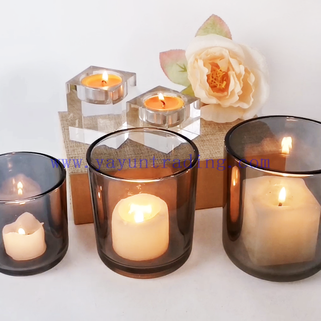 Wholesale Customized Colors Luxury Electroplated Gray Empty Glass Candle Jars for Candle Making with Lid