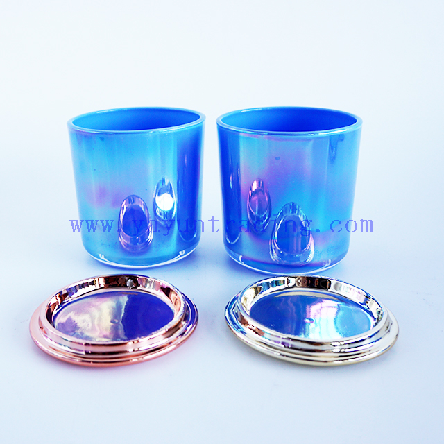 home decor antique 8oz blue ion electroplated glass candle jars with gold rose gold ceramic luxury lids