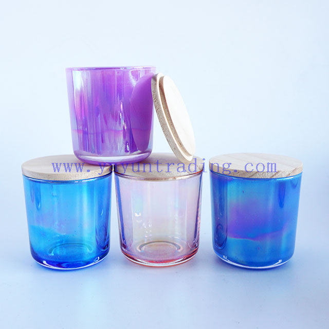 iridescent glass candle jars 8oz ion electroplated candle tealight holders multi-colors with wooden lids