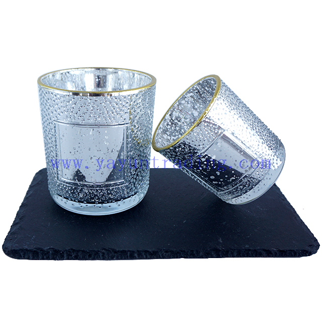 Various Volume Empty Electroplated Silver Mercury Glass Candle Cup with Gold Rim