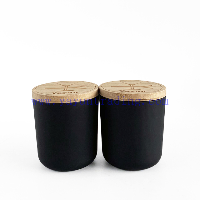 Matte Black Frosted Glass Candle Holder Jar With Bamboo Lids