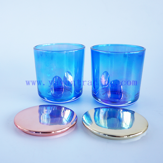 home decor antique 8oz blue ion electroplated glass candle jars with gold rose gold ceramic luxury lids