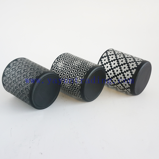 6oz hot sale laser cut black frosted glass candle holders unique candle vessels with black ceramic lids