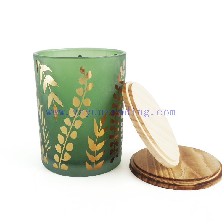 21oz green sandblasted candle jars with gold leaf pattern modern stylish candle holders for wedding