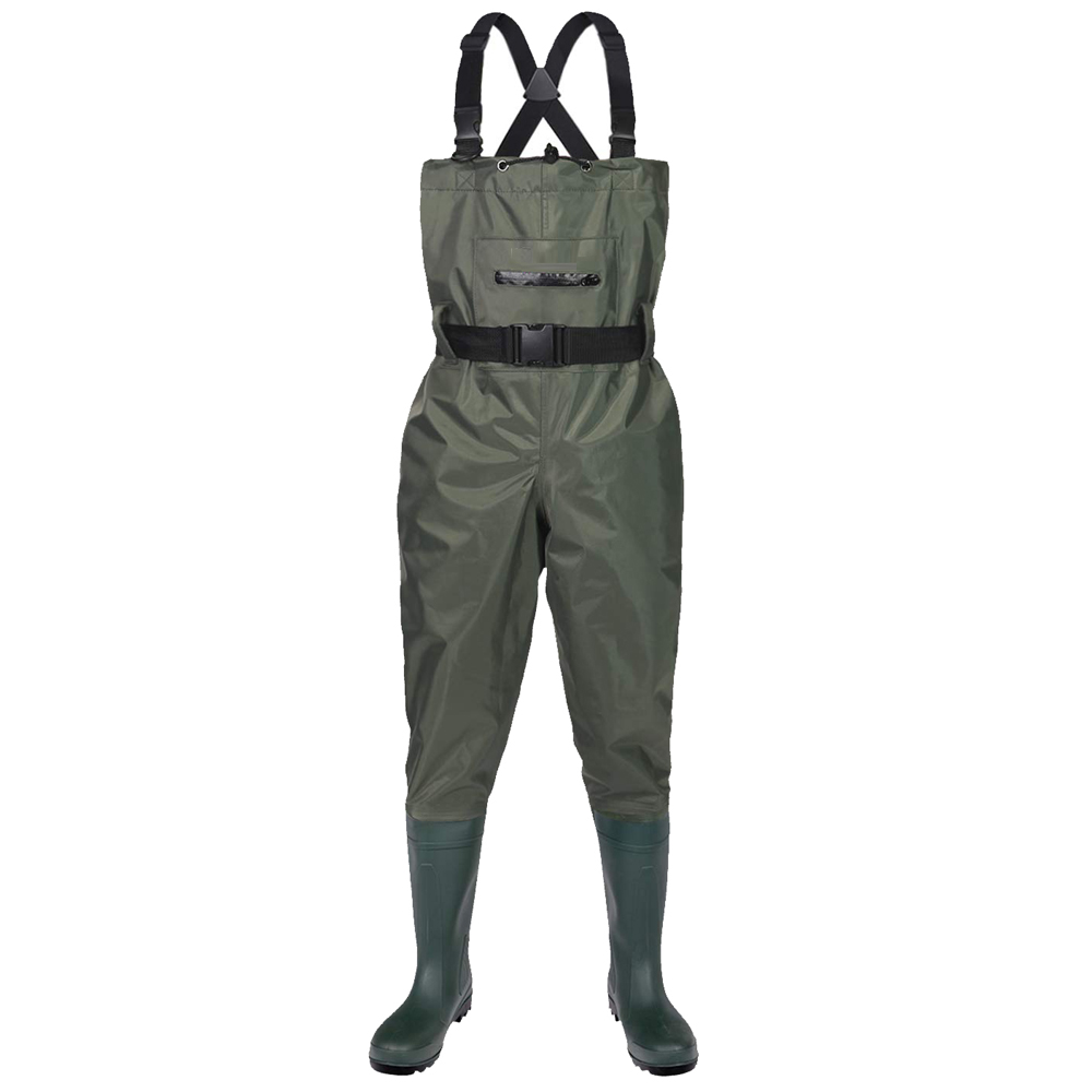 Zipper Front Pocket Water Proof Nylon PVC Men Fishing Chest Waders with PVC Boots