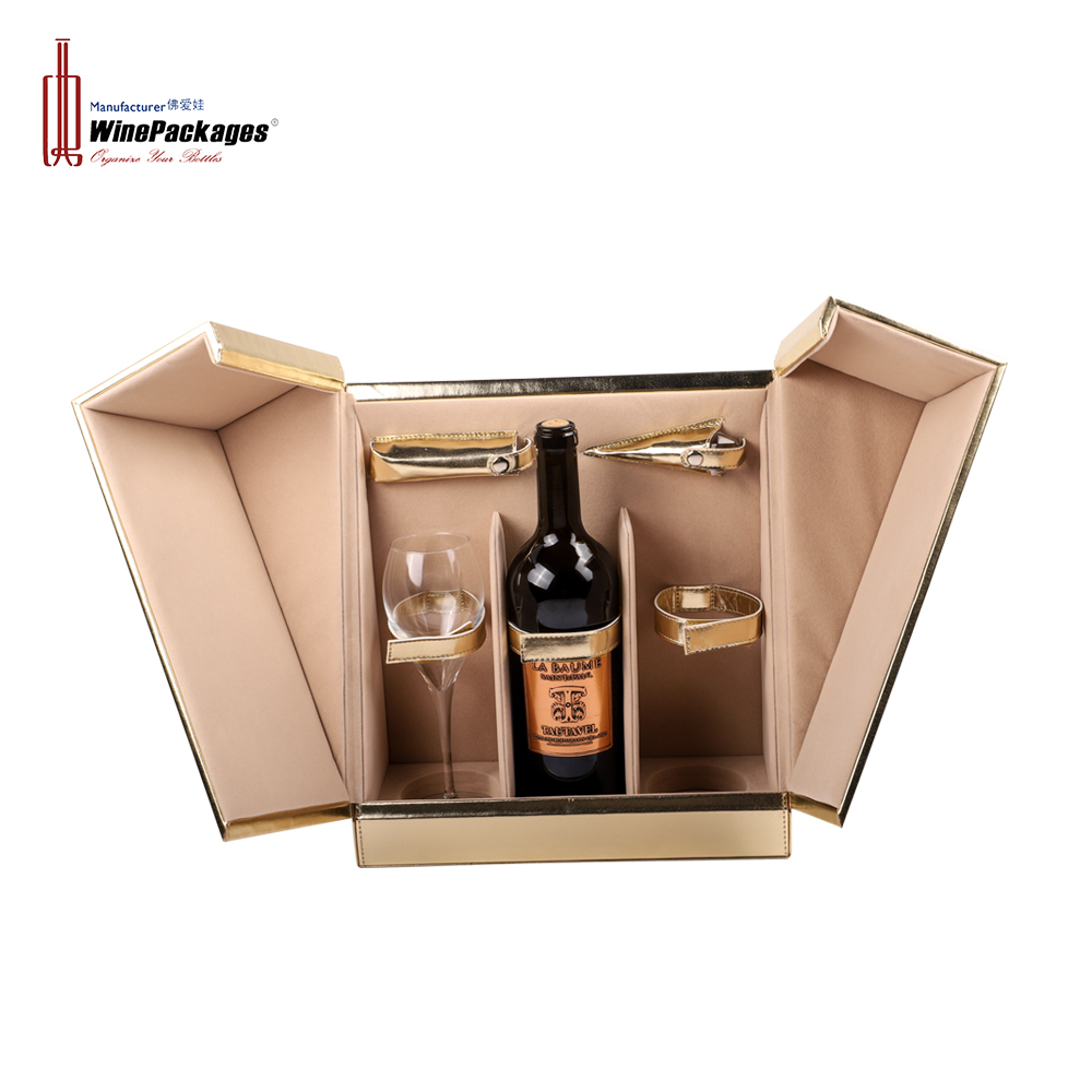 Wine Box in Vegan Faux Leather with Set for single bottle with 2 glasses, metal clasp, Best Gift for Wine Lovers