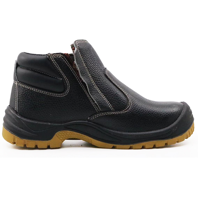 Slip Resistant Black Leather Steel Toecap No Lace Safety Shoes with Zipper