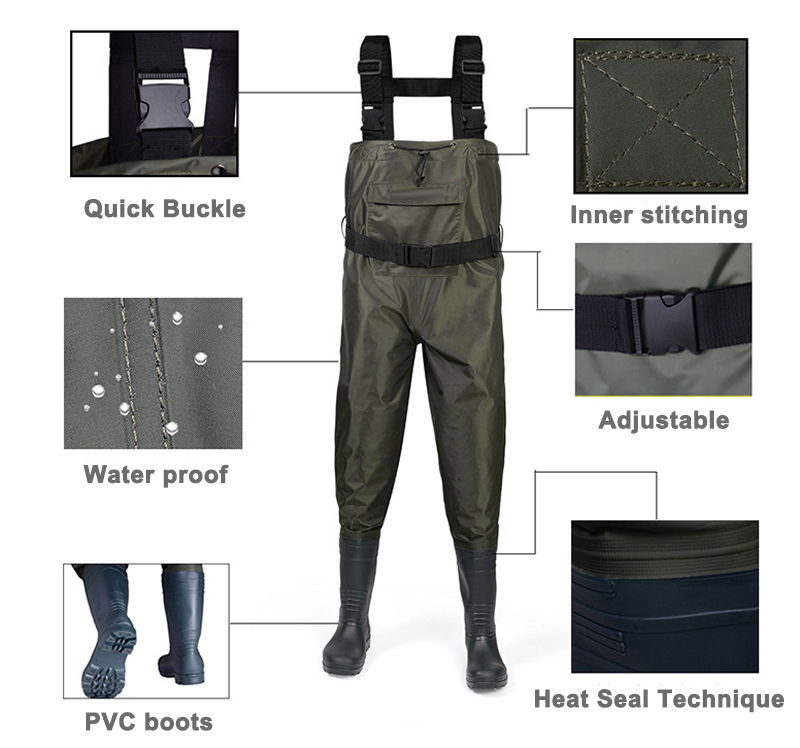 Zipper Front Pocket Water Proof Nylon PVC Men Fishing Chest Waders with ...