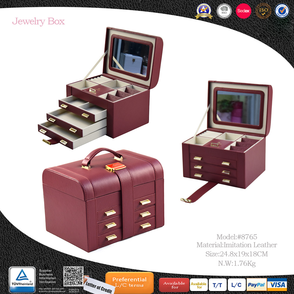 Mirrored Multi Drawers Pu Leather Larger Capacity Jewelry Box with Handle 