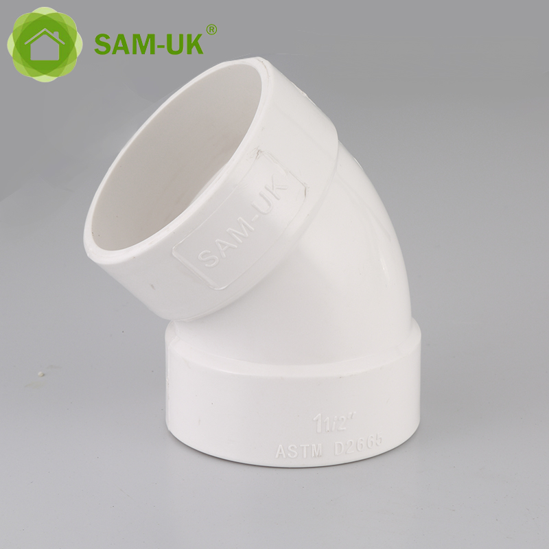 Fábrica al por mayor de alta calidad PVC tubo de plumbar accesorios Fabricantes PUBLO PLÁSTICO PUBLE 45 DEG CODO DE DEG