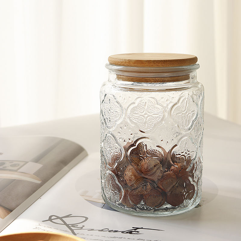 Retro Embossed Begonia Pattern Glass Sealed Jar 