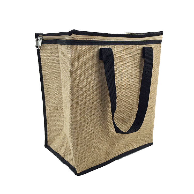 Custom Printed Burlap Handbag Natural Zippered Tote Bag Reusable Insulated Jute Cooler Bag