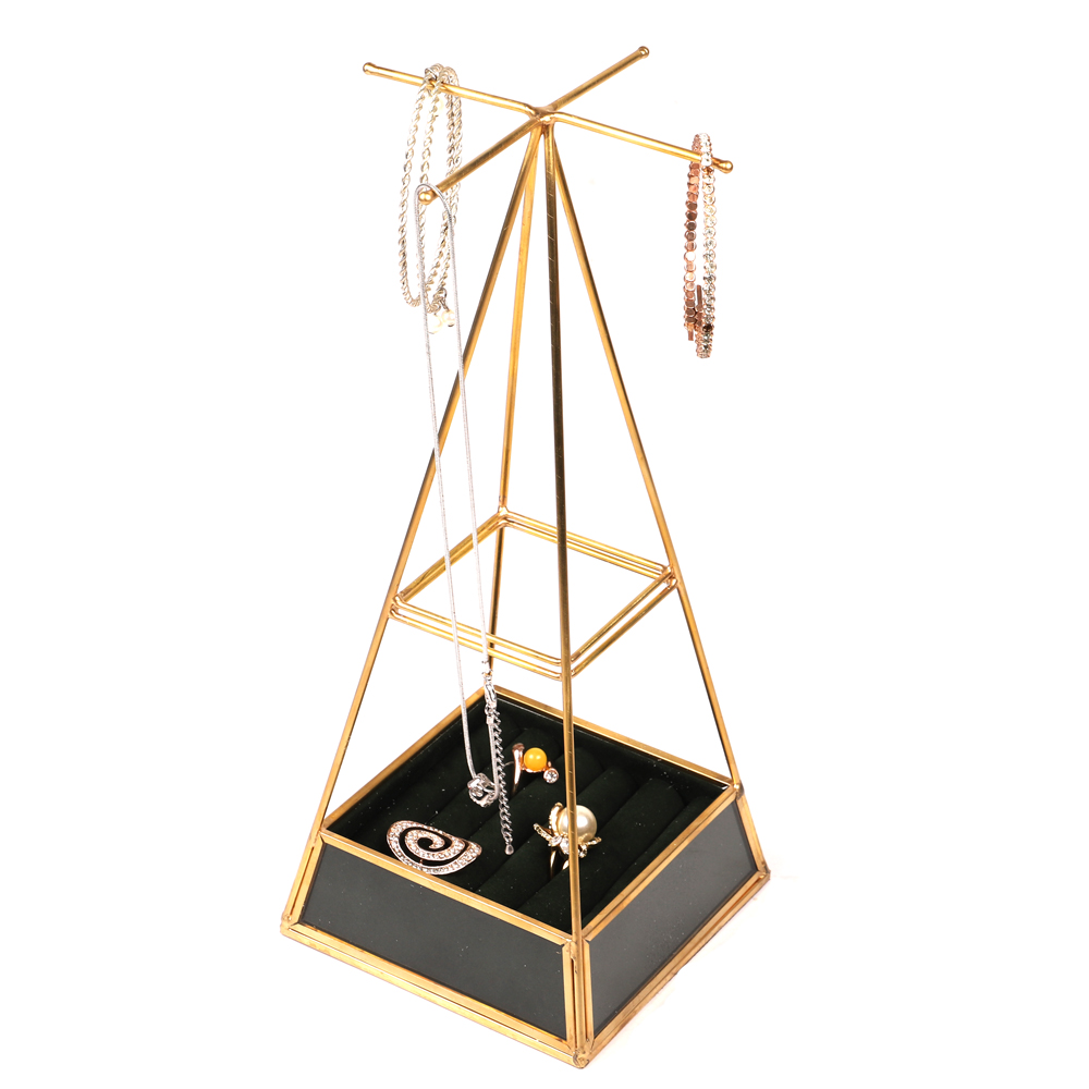 Jewelry Organizer Stand, Gold Metal Jewelry Tree Display Holder with Velvet Tray for Necklace Bracelet Earring Stud Ring Large Storage
