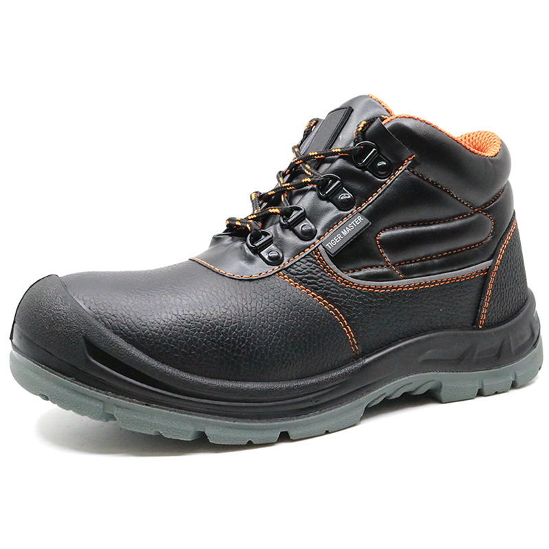 Lightweight black leather non slip european safety shoes with composite