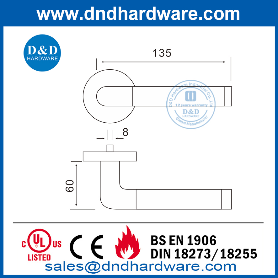 Palanca de puerta de tubo hueco de acero inoxidable para diestros-DDTH021