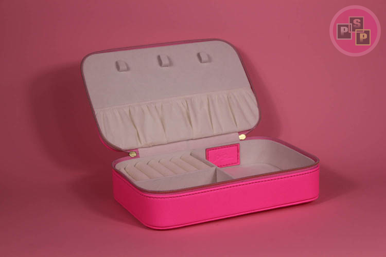 Hot Pink Pu leather Zipper Closure Jewelry Box With Hook
