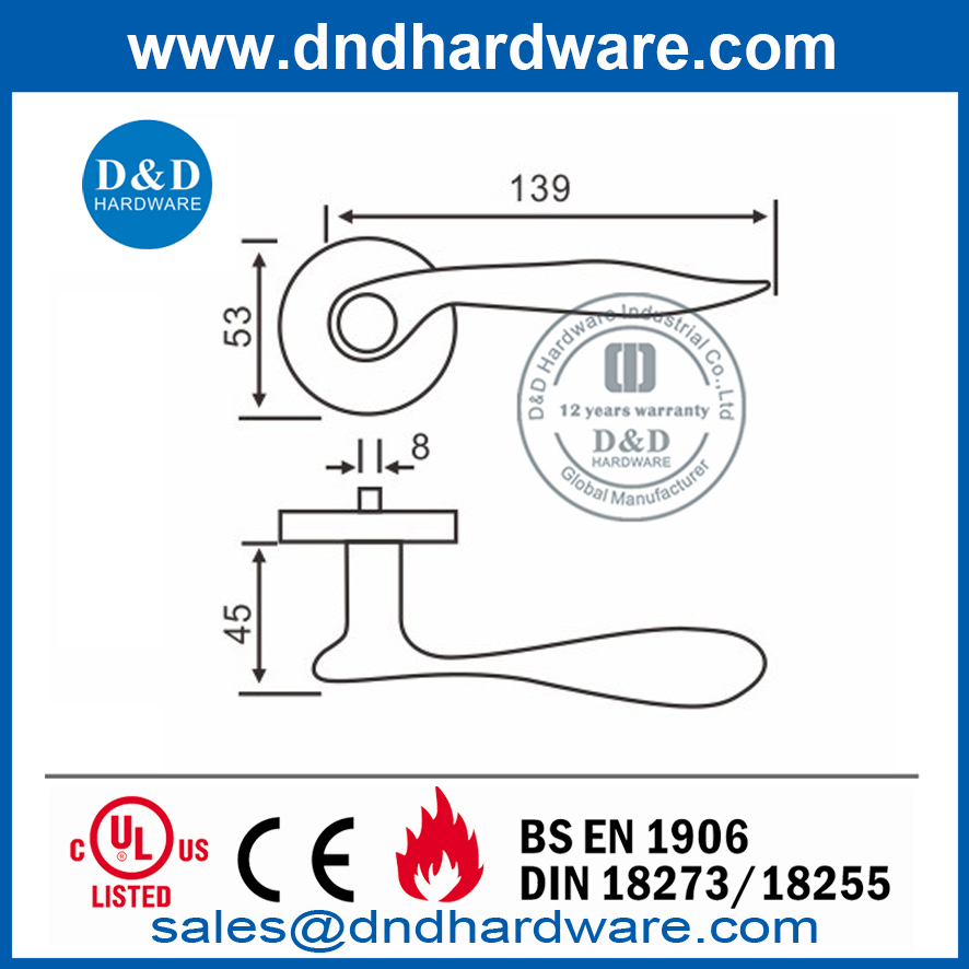 Manija de puerta de palanca rosa redonda SS304 para puerta de madera-DDSH025