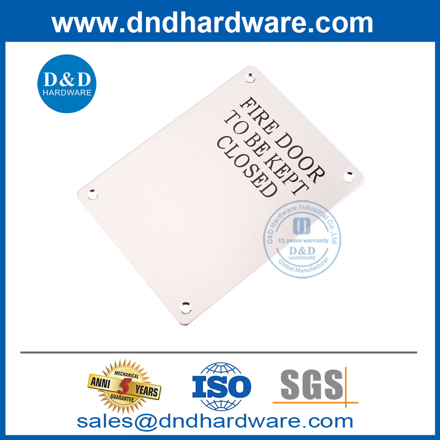 Placa de señalización de acero inoxidable con firma de puerta cortafuegos de 1,5 mm de espesor-DDSP010