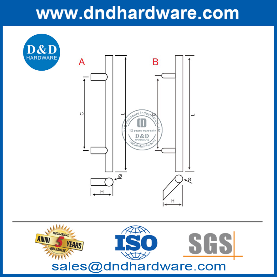 Tirador de un solo lado con barra en T de acero inoxidable plateado para puerta de vidrio de entrada-DDPH021