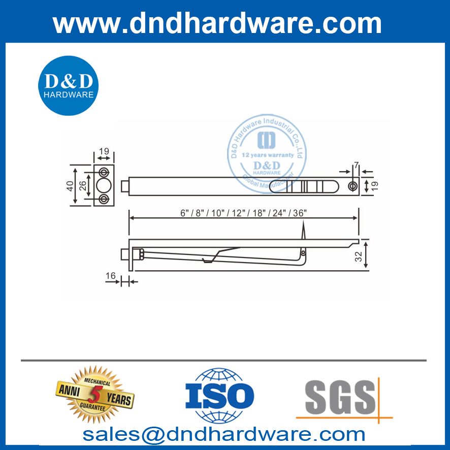 Hardware de perno empotrado de latón macizo oculto largo para puerta exterior-DDDB003