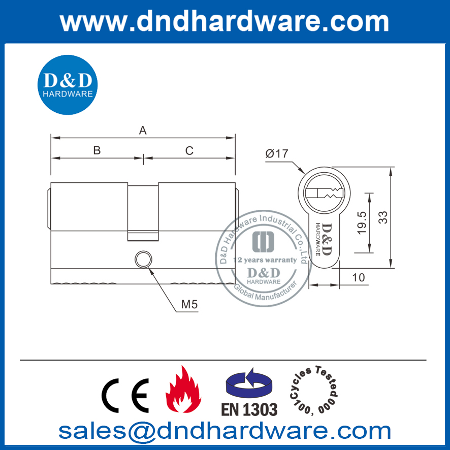 Cilindro de cierre doble europeo EN1303 de latón satinado para puerta interna-DDLC003