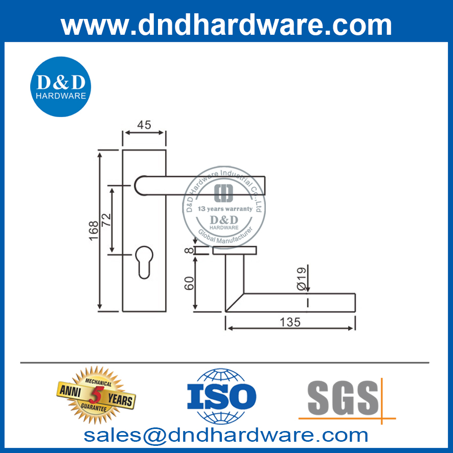 Manija de palanca con inglete para puerta externa de acero inoxidable en placa-DDTP009