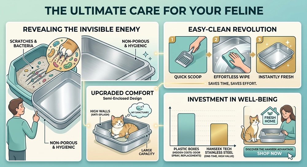 3-step easy cleaning process for stainless steel litter box ステンレススチール製トイレの 3 ステップの簡単な洗浄プロセス: 素早くすくい、楽に拭き取り、即座に新鮮な衛生的な仕上がりになります。