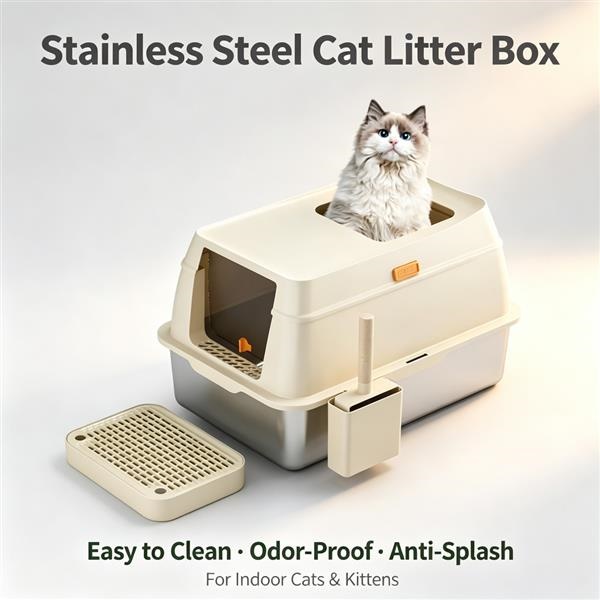 Stainless Steel Cat Litter Box ラグドール猫が上から覗いているライトグリーンの完全密閉型ステンレススチール猫トイレ、取り外し可能なメッシュステップとスクープ収納 - 室内猫の掃除が簡単