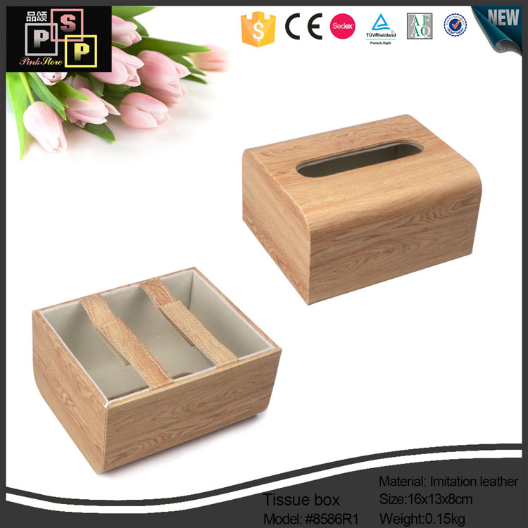 Wooden Grain PU leather Made Tissue Box With Velcro Sticker