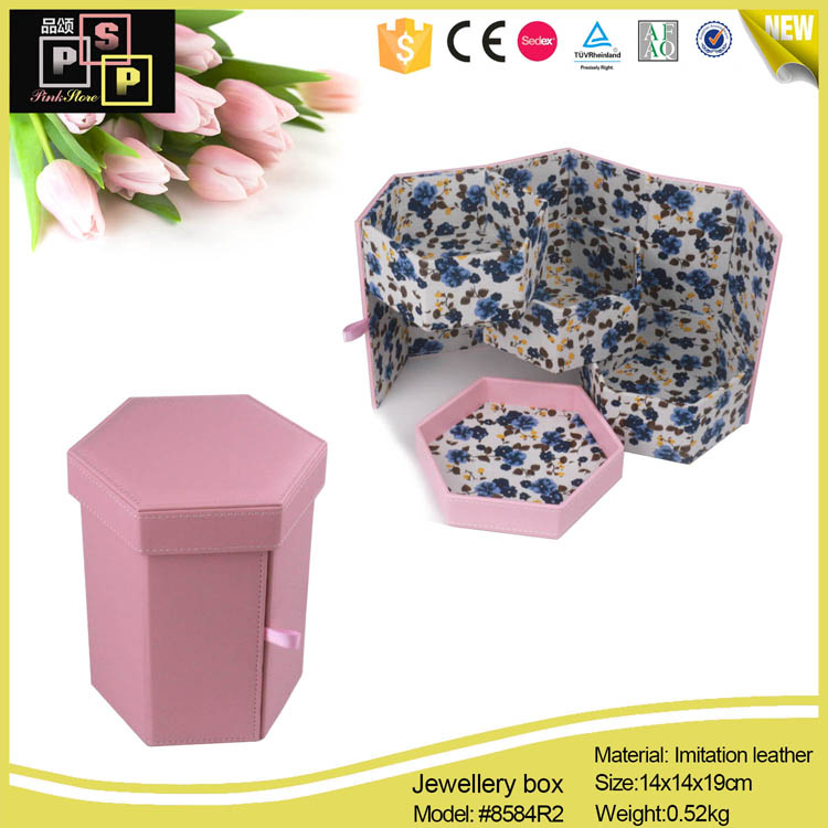 Pink White Hexegon 3 ply PU leather printing cotton inside jewelry box 