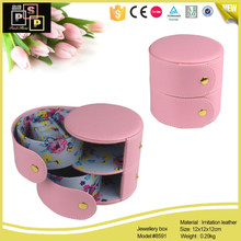 Pink White Small Cute PU leather 2 ply round jewelry box